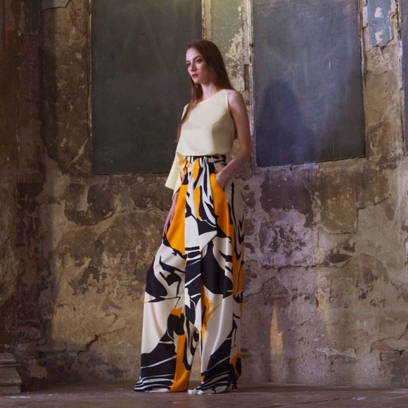 AQ/AQ Cream and Orange Wide Leg Pants - Picture 1 of 13